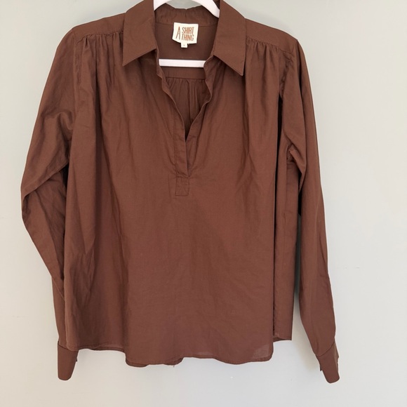 A Shirt Thing "Celeste" Cabo Chocolate Cotton Long Sleeve Popover Blouse Top - Picture 2 of 14